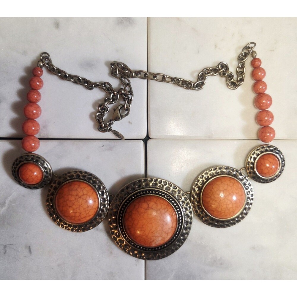 VINTAGE JOAN RIVERS ORANGE CABACHON ON BRASSY BRONZE FANCY NECKLACE